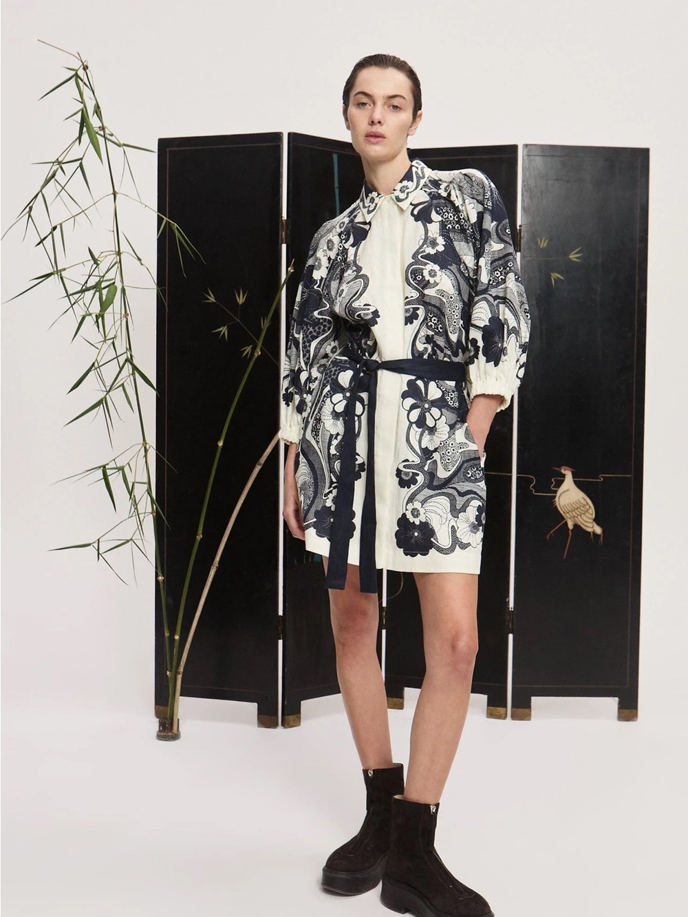 Alemais Mickey Mini Shirt Dress Cream and Black Floral Printed